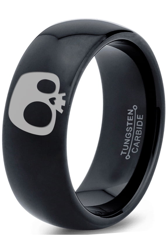 Tungsten Bony Skull Skeleton Head Band Ring 8mm Men Women Comfort Fit Black Dome Polished