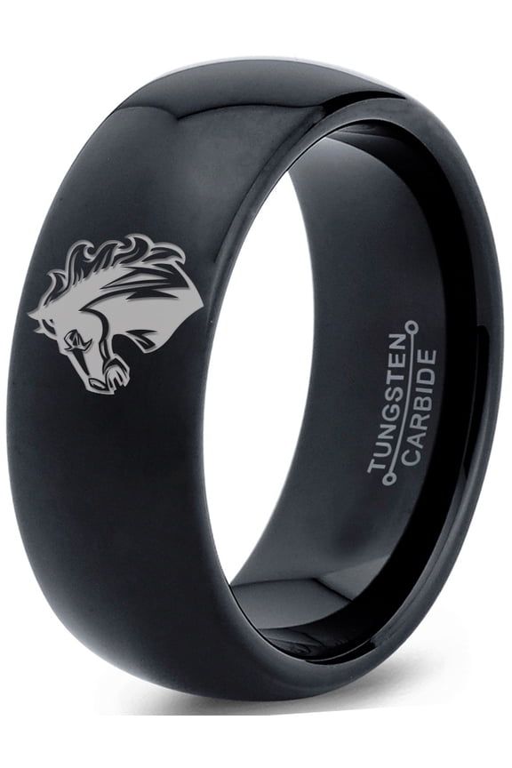Tungsten Bronco Horse Horses Equestrian Equine Equidae Band Ring 8mm Men Women Comfort Fit Black Dome Polished