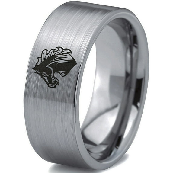 Tungsten Bronco Horse Horses Equestrian Equine Equidae Band Ring 8mm Men Women Comfort Fit Gray Flat Cut Brushed Polished