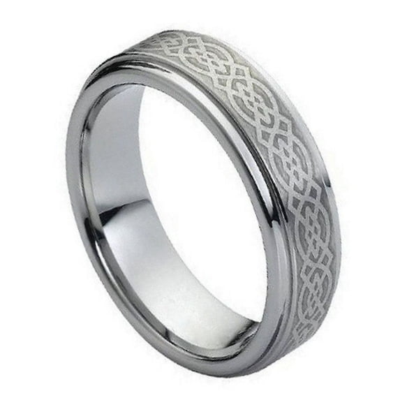 Tungsten Brushed Celtic Pattern Center 7MM Stepped Edge Ring Size 12
