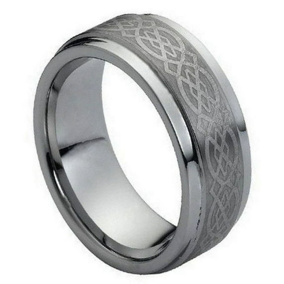 Tungsten Brushed Celtic Pattern Center 9MM Stepped Edge Ring Size 6