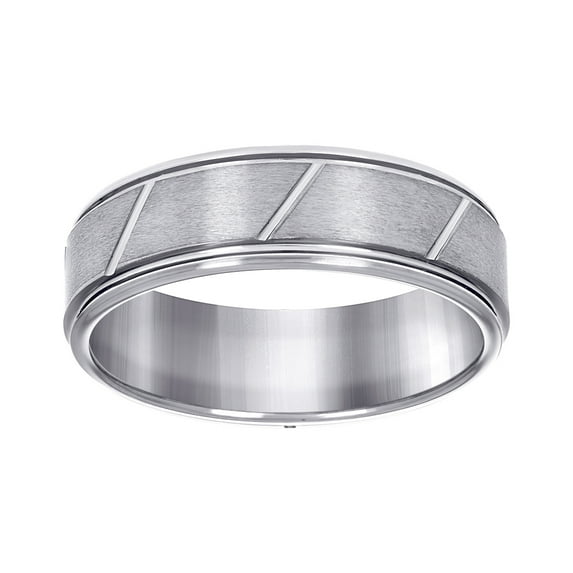 Tungsten Brushed Center Diagonal Grooves Step Edge Mens Comfort-fit 8mm Size 13 Wedding Anniversary Ring for Men