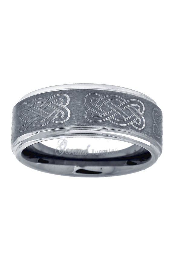 Tungsten Brushed Center Laser Engraved Celtic Knot Step Edge Mens Comfort-Fit 8mm Size 9 Wedding Ann Ring for Men