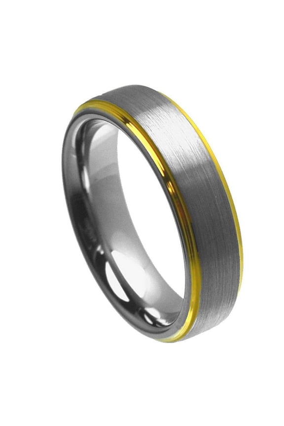 Tungsten Brushed Center Yellow Gold-Tone Stepped Edge Band Ring Size 6.5