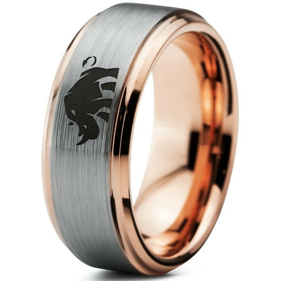 Tungsten Bulky Rhino Rhinoceros Band Ring 8mm Men Women Comfort Fit 18k Rose Gold Step Bevel Edge Brushed Polished