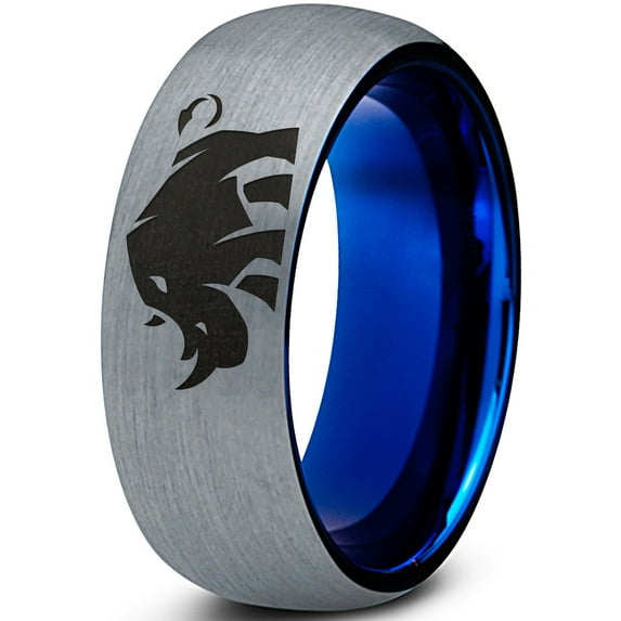 Tungsten Bulky Rhino Rhinoceros Band Ring 8mm Men Women Comfort Fit Blue Dome Brushed Gray Polished