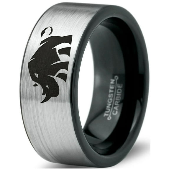 Tungsten Bulky Rhino Rhinoceros Band Ring 8mm Men Women Comfort Fit Brushed Gray Flat Cut Black Polished