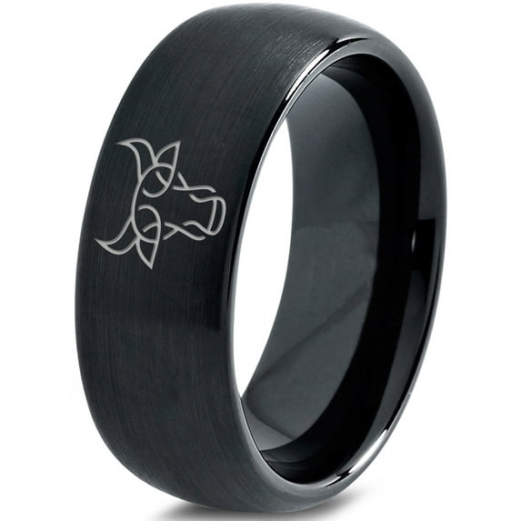 Tungsten Bull Taurus Muscular Horns Cattle Band Ring 8mm Men Women Comfort Fit Black Dome Brushed Polished