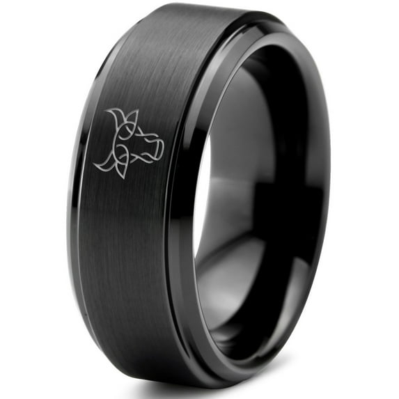 Tungsten Bull Taurus Muscular Horns Cattle Band Ring 8mm Men Women Comfort Fit Black Step Bevel Edge Brushed Polished