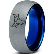 Tungsten Bull Taurus Muscular Horns Cattle Band Ring 8mm Men Women Comfort Fit Blue Dome Brushed Gray Polished
