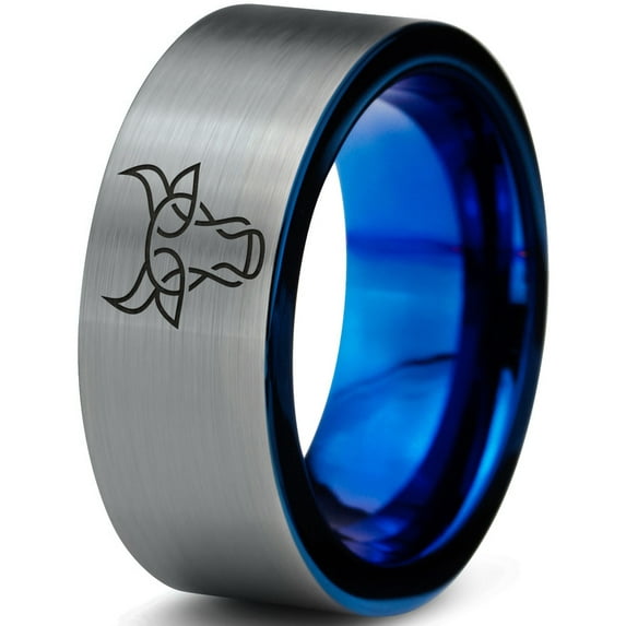 Tungsten Bull Taurus Muscular Horns Cattle Band Ring 8mm Men Women Comfort Fit Blue Flat Cut Brushed Gray Polished