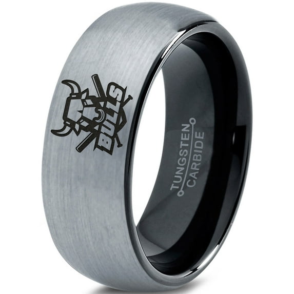 Tungsten Bulls Band Ring 8mm Men Women Comfort Fit Black Dome Brushed Gray Polished