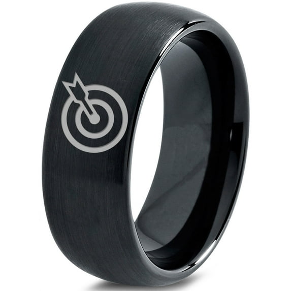Tungsten Bullseye Arrow Archery Band Ring 8mm Men Women Comfort Fit Black Dome Brushed Polished
