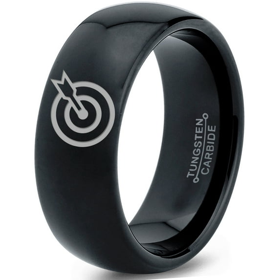 Tungsten Bullseye Arrow Archery Band Ring 8mm Men Women Comfort Fit Black Dome Polished