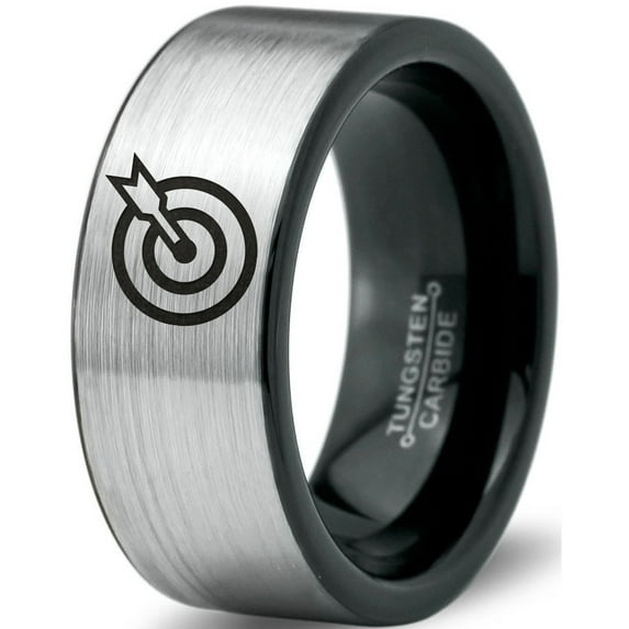 Tungsten Bullseye Arrow Archery Band Ring 8mm Men Women Comfort Fit Brushed Gray Flat Cut Black Polished