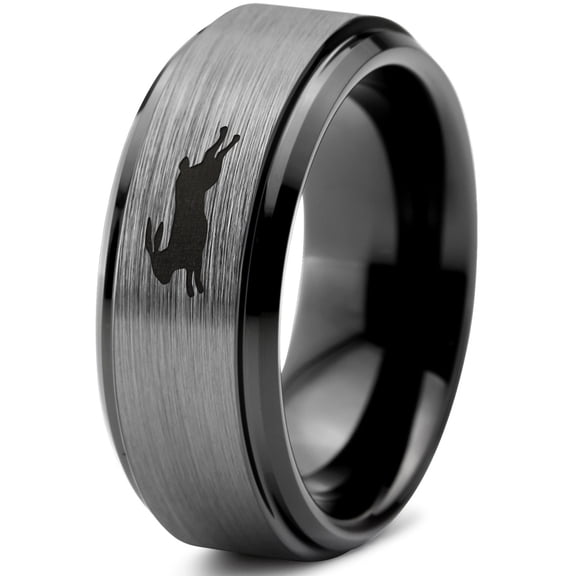 Tungsten Bunny Rabbit Running Hare Band Ring 8mm Men Women Comfort Fit Black Step Bevel Edge Brushed Gray Polished