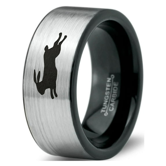 Tungsten Bunny Rabbit Running Hare Band Ring 8mm Men Women Comfort Fit Brushed Gray Flat Cut Black Polished