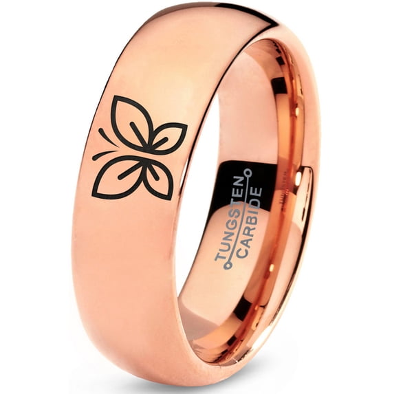 Tungsten Butterfly Flying Insect Flower Band Ring 7mm Men Women Comfort Fit 18k Rose Gold Dome Polished