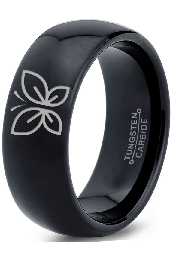 Tungsten Butterfly Flying Insect Flower Band Ring 8mm Men Women Comfort Fit Black Dome Polished