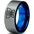 thumbnail image 1 of Tungsten Butterfly Flying Insect Flower Band Ring 8mm Men Women Comfort Fit Blue Flat Cut Brushed Gray Polished, 1 of 4