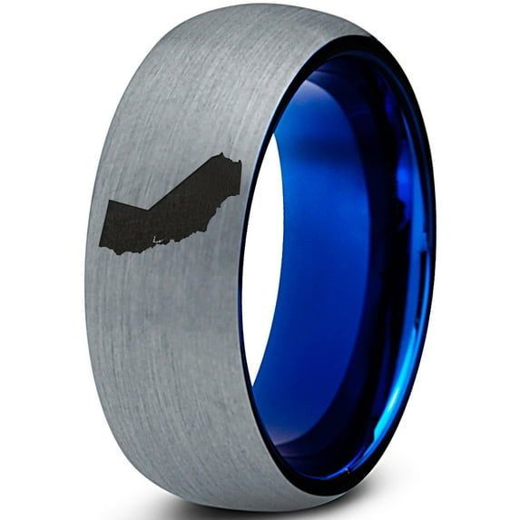 Tungsten California The Golden State Band Ring 8mm Men Women Comfort Fit Blue Dome Brushed Gray Polished