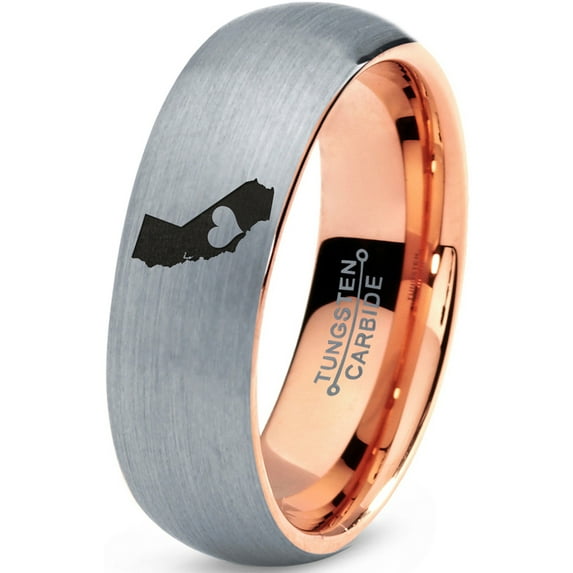 Tungsten California The Golden State Heart Band Ring 7mm Men Women Comfort Fit 18k Rose Gold Dome Brushed Gray Polished