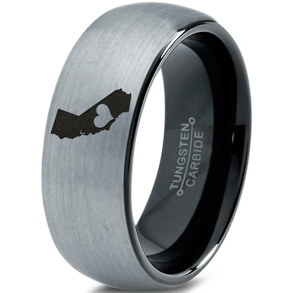 Tungsten California The Golden State Heart Band Ring 8mm Men Women Comfort Fit Black Dome Brushed Gray Polished