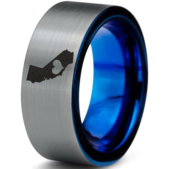 Tungsten California The Golden State Heart Band Ring 8mm Men Women Comfort Fit Blue Flat Cut Brushed Gray Polished