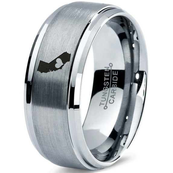 Tungsten California The Golden State Heart Band Ring 8mm Men Women Comfort Fit Gray Step Bevel Edge Brushed Polished