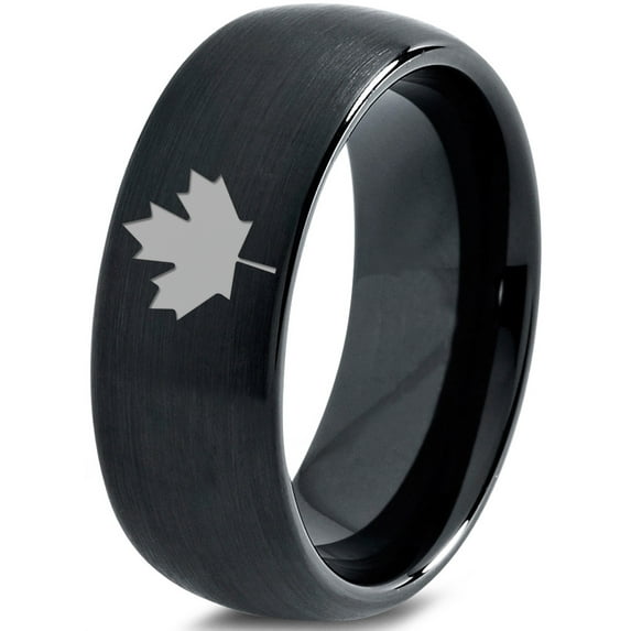 Tungsten Canadian Maple Leaf Band Ring 8mm Men Women Comfort Fit Black Dome Brushed Polished
