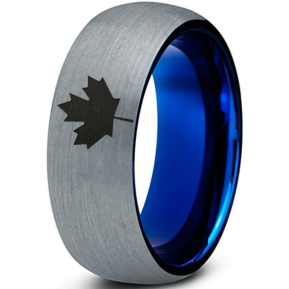 Tungsten Canadian Maple Leaf Band Ring 8mm Men Women Comfort Fit Blue Dome Brushed Gray Polished