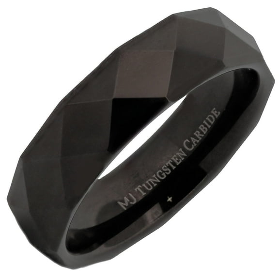 Tungsten Carbide 6mm Wedding Band Black Plated Multi Faceted Polished Ring Size 7.5