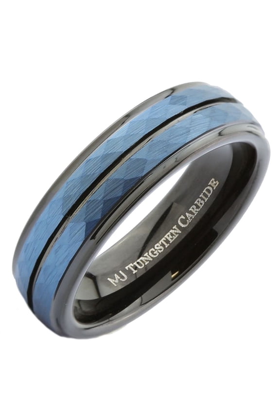 Tungsten Carbide 6mm Wedding Band Hammered Black and Blue Plated Ring