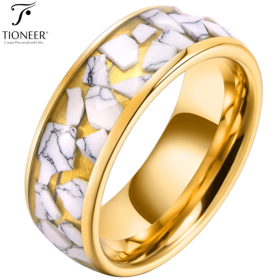 Tioneer Tungsten Carbide 8mm Wedding Band in Black or Gold w/ White Turquoise Ceramic Fragments w/ Free Engraving Options