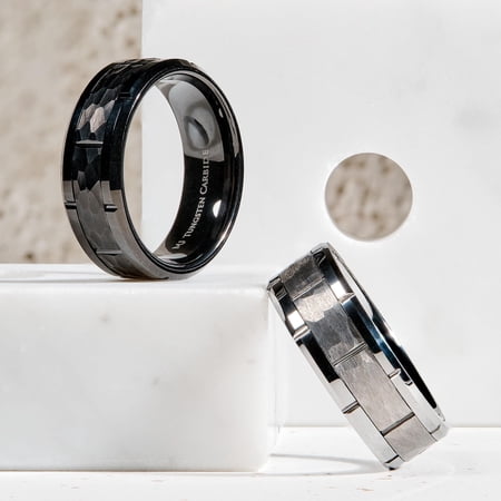 Tungsten Carbide Adult Men's Women's 8mm Black Plated with Brick Pattern Notched Edges Wedding Band, Comfort Fit Ring Size 8