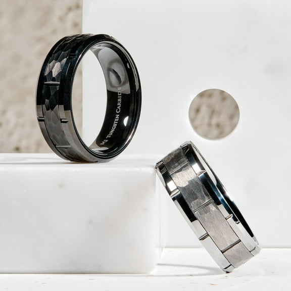 Tungsten Carbide Adult Men's Women's 8mm Black Plated with Brick Pattern Notched Edges Wedding Band, Comfort Fit Ring Size 8