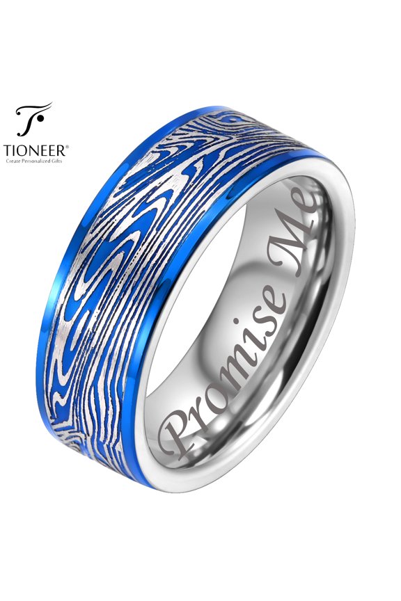 Tungsten Carbide Band w/ Flowing River Damascus Design 8mm Ring in Black or Blue