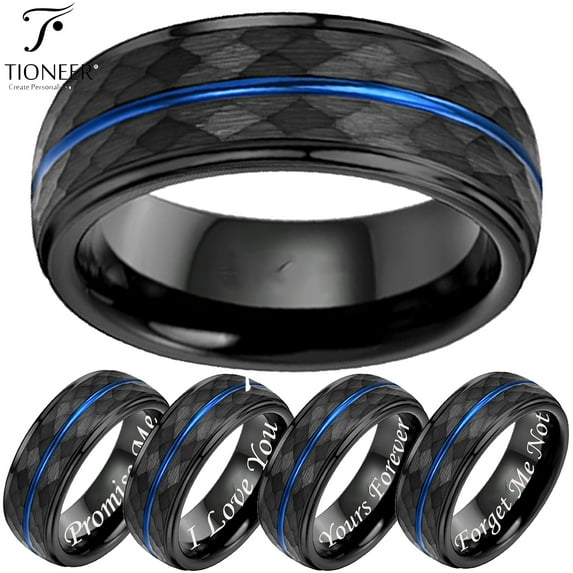Tungsten Carbide Black Hammered Top w/ Blue Groove Center Wedding Band Ring Mens Womens 8MM w/ FREE Engraving