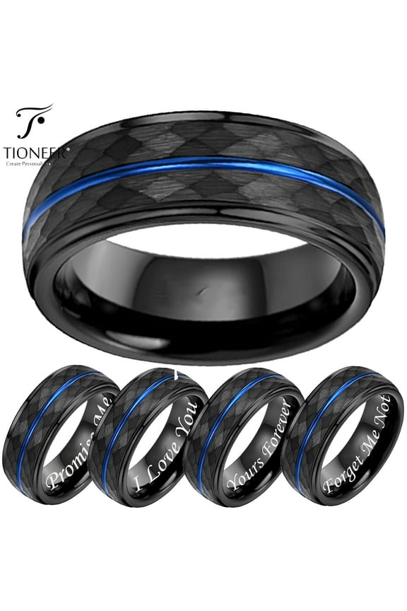 Tungsten Carbide Black Hammered Top w/ Blue Groove Center Wedding Band Ring Mens Womens 8mm w/ Free Engraving