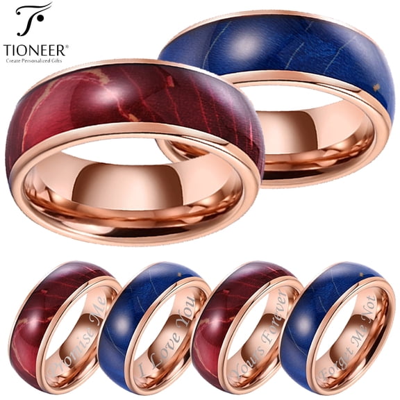 Tioneer Tungsten Carbide Blue / Red Cured Wood Design Rose Gold Wedding Band Ring Mens Womens Tioneer 8mm w/ FREE Engraving
