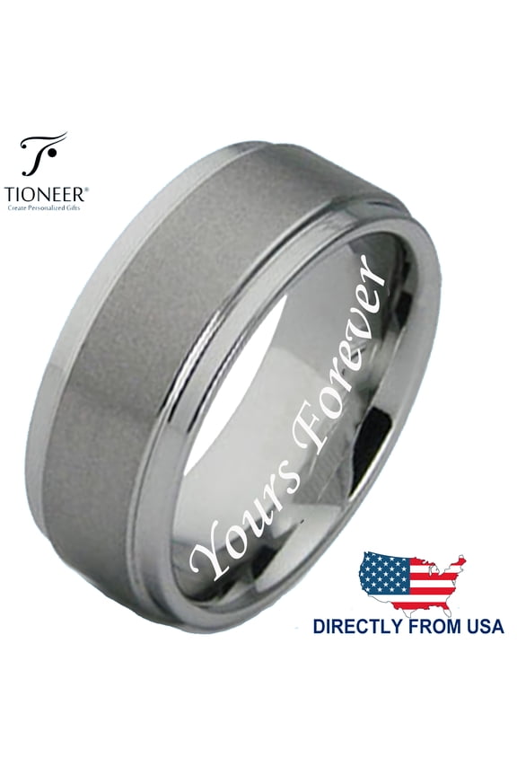 Tungsten Carbide Brushed Pipe Cut Polished Edges Wedding Band Ring Yours Forever Engraved 8MM