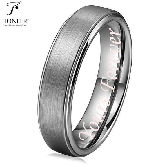Tioneer Tungsten Carbide Brushed Pipe Cut Polished Edges Wedding Band Ring w/Free Yours Forever Engraved 6mm