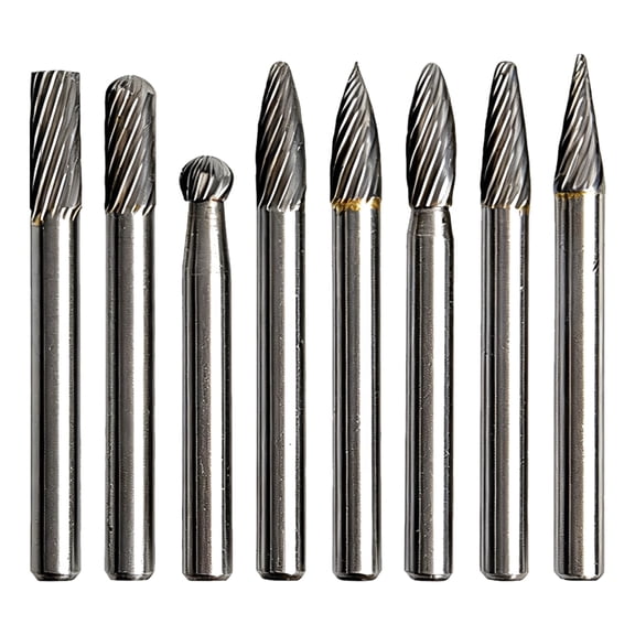 Tungsten Carbide Burr Set, Includes 8 Pcs, Single Cut Rotary Milling Tool Kit, 0.24 in 6mm Shank Die Grinder Bits for Metal Deburring, Grinding, Polishing, Carving, Overall Length 2.2-2.4 in