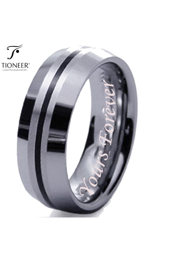 Tungsten Carbide Contemporary Black Strip Inlay Dome Wedding Band Ring Yours Forever Engraved 8MM