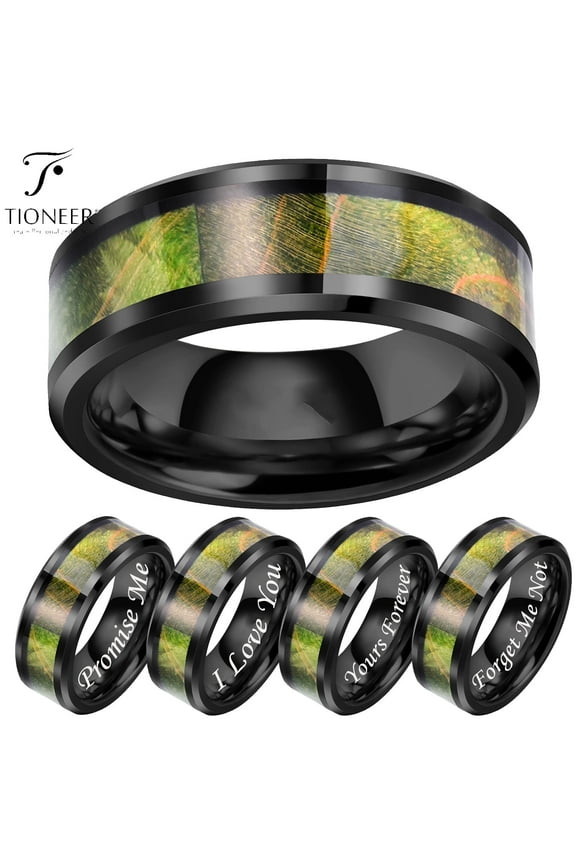 Tungsten Carbide Green Cured Wood Design Black Wedding Band Ring Mens Womens 8mm w/ Free Engraving