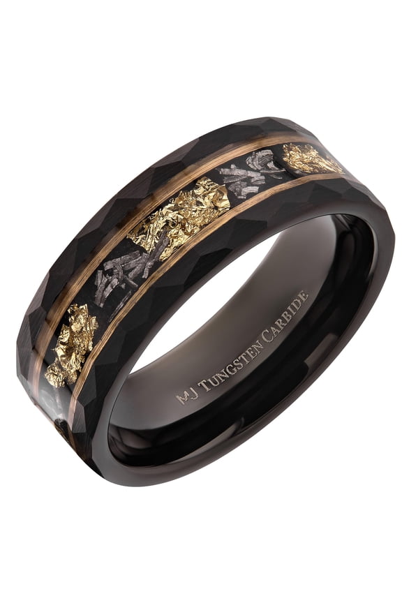 Tungsten Carbide Hammered 8mm Black Plated Wedding Band with Gold Foil Flecks Inlay Ring Size 11