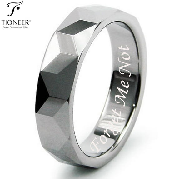 Tioneer Tungsten Carbide High Polished Faceted Design Wedding Band Ring Mens Womens 5.5MM w/ Free Forget Me Not Engraved