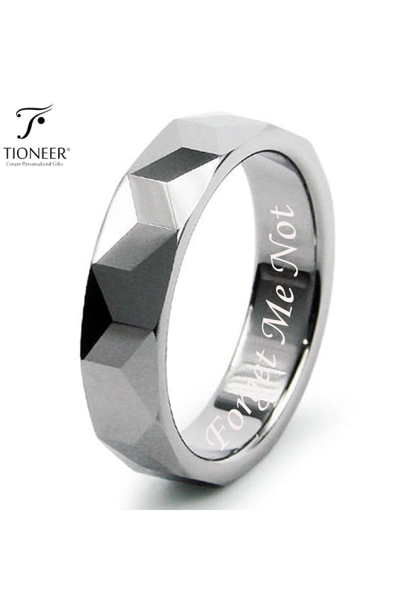 Tungsten Carbide High Polished Faceted Design Wedding Band Ring Mens Womens 5.5MM w/ Free Forget Me Not Engraved