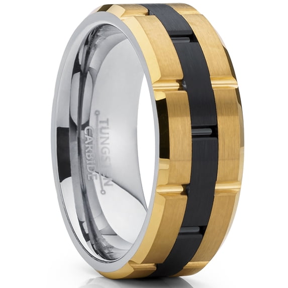 Tungsten Carbide Men's Black and GoldTone Brushed Grooved Wedding Band Engagement Ring, Comfort Fit 8mm 14