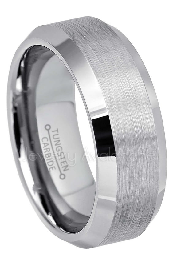 Tungsten Carbide Mens Wedding Band, Comfort Fit Beveled Edge Brushed Anniversary Ring
